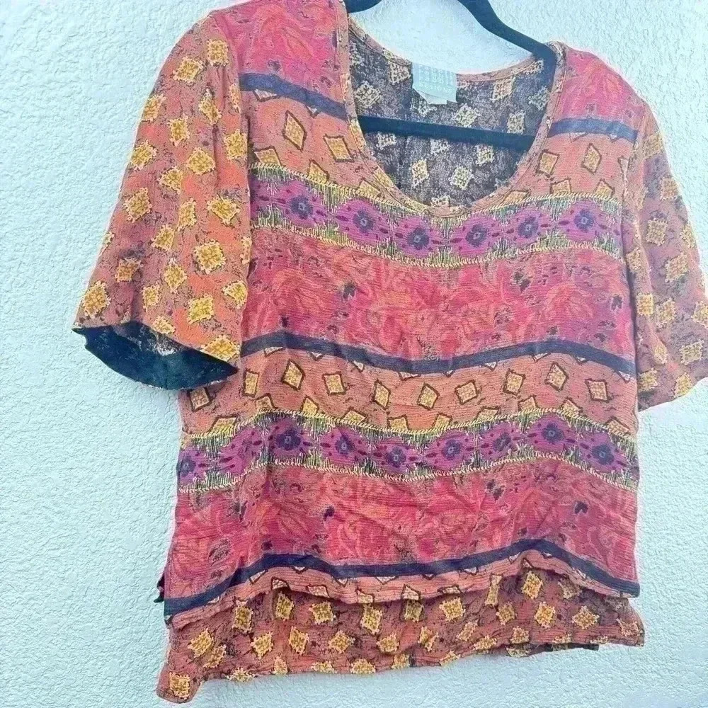 Vintage 80’s/90’s Pattern Orange Brown Women’s Blouse Flowy Boxy - Size 14 - Picture 3 of 4